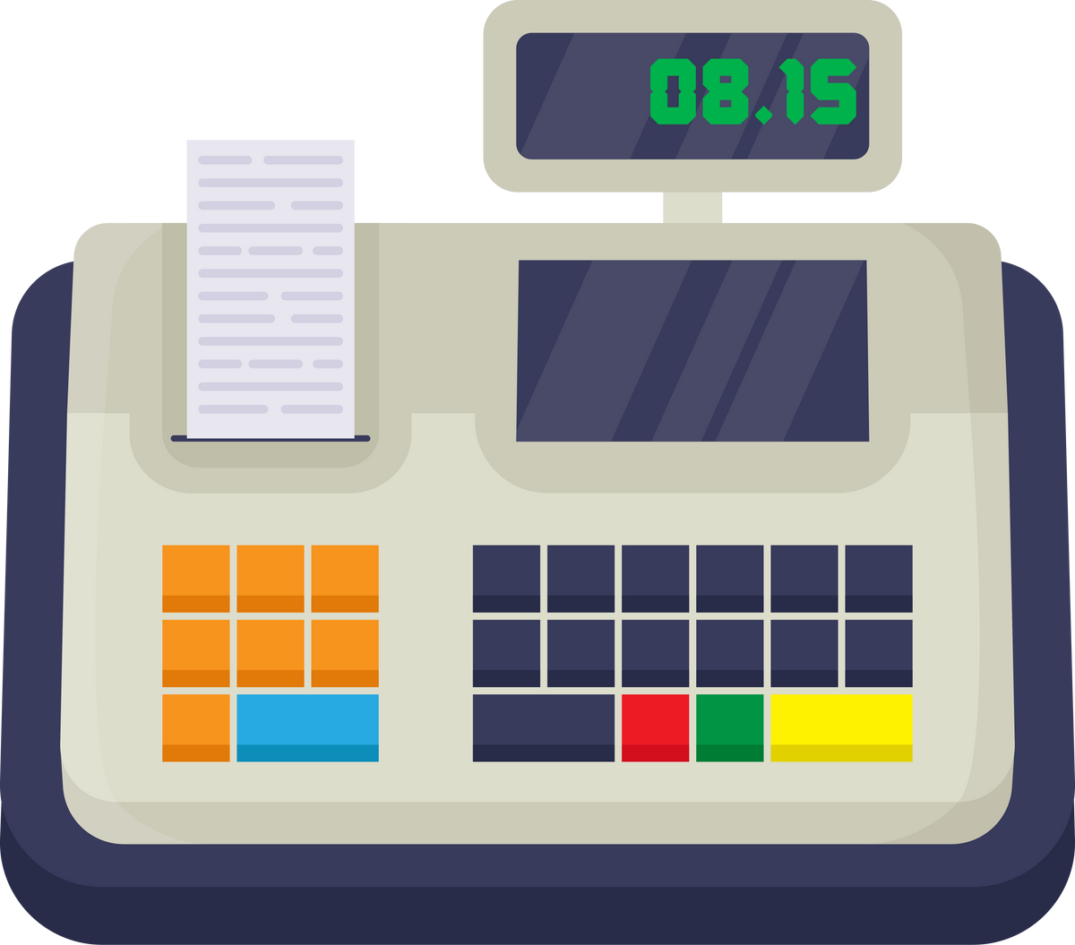 Cash machine vector illustration. Drawing of POS terminal, fiscal cash register with money, cashier till machine with screen, receipt printers. Payment concept